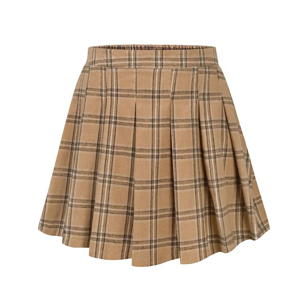 6898 Plus Size Skirts Brown Plaid Flare A-Line Skirts Stretchy Elastic High